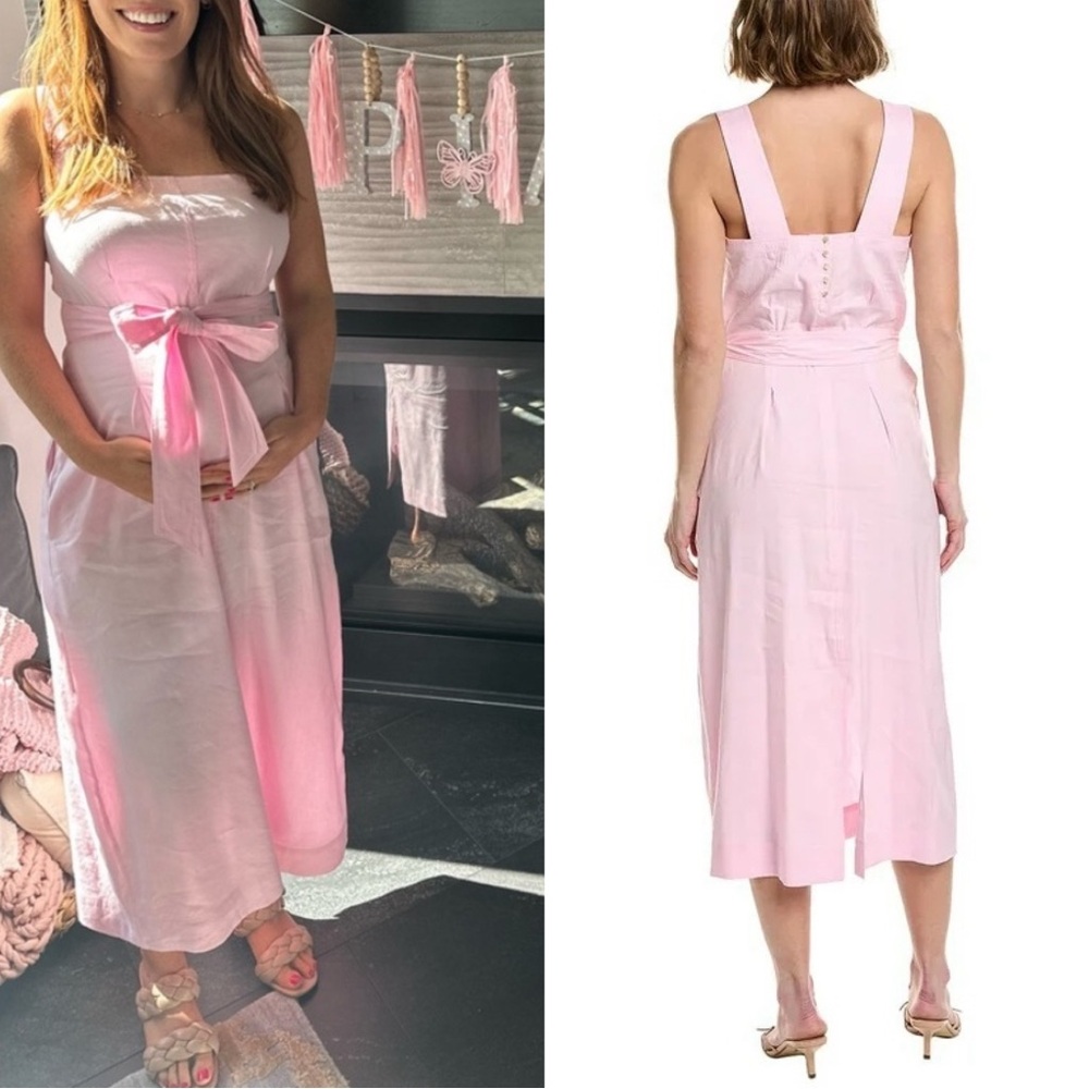 Vince Belted Square Neck Linen Blend Midi Dress Size Medium NWT Barbie Pink